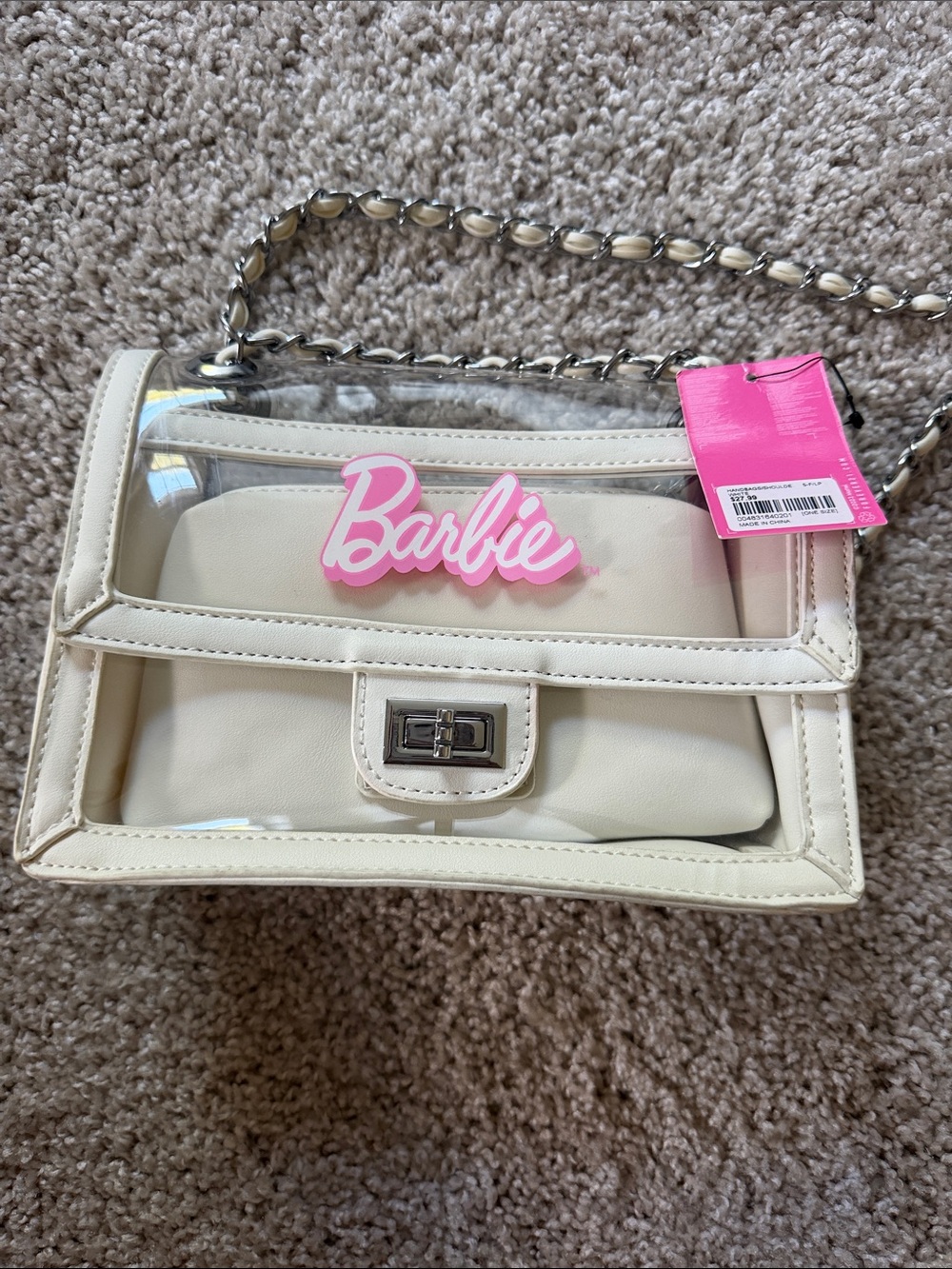 NWT Barbie x Forever21 Cream Clear Crossbody with Pink Logo and Silver Chain